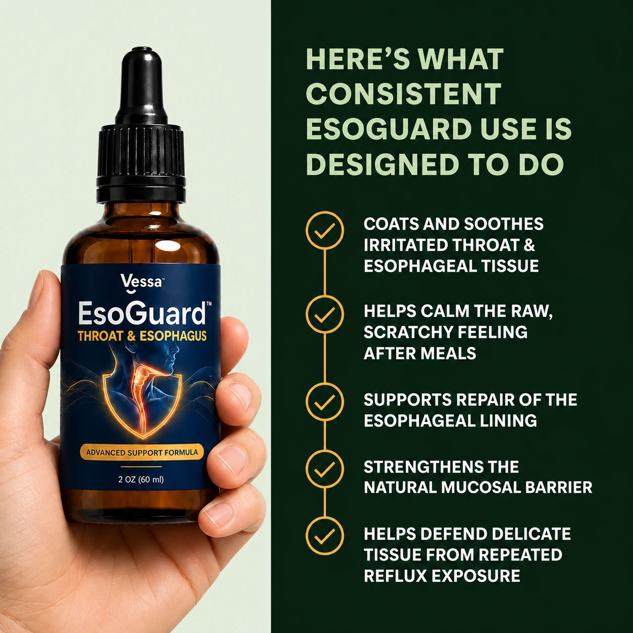 EsoGuard bottle held beside five throat and esophagus benefit statements