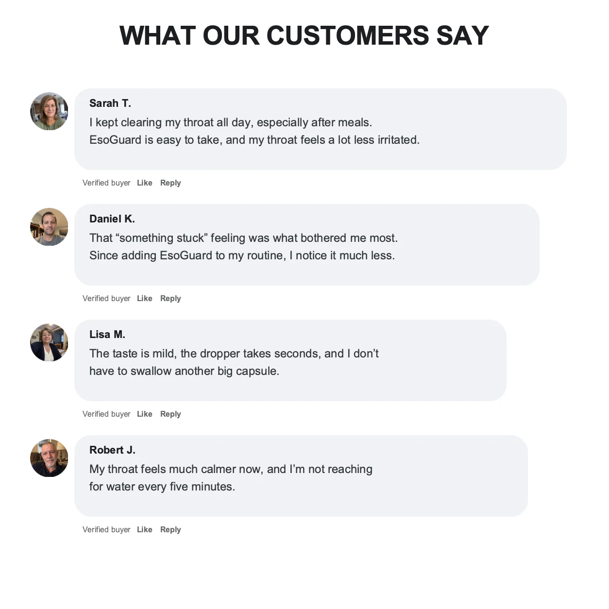 Four verified EsoGuard buyer comments in a social comment-style layout