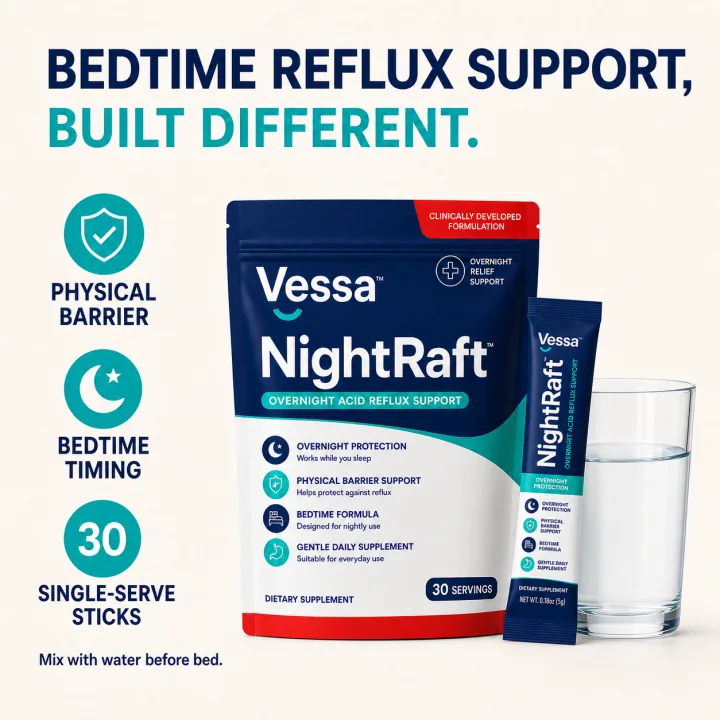 NightRaft bedtime reflux support promise with physical barrier, bedtime timing and 30 single-serve sticks