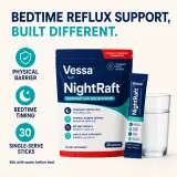 NightRaft bedtime reflux support promise with physical barrier, bedtime timing and 30 single-serve sticks