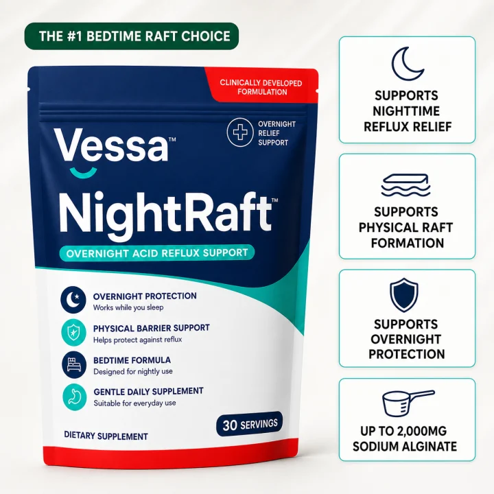 Vessa NightRaft pouch with four product benefit callouts