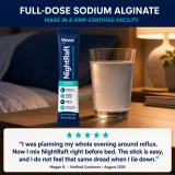 NightRaft sachet beside a prepared glass with quality statements and a customer testimonial