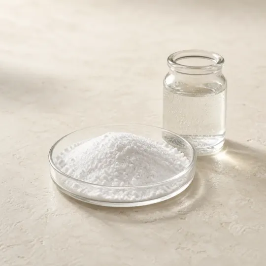 Potassium bicarbonate powder beside lightly effervescent water