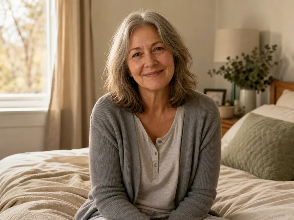 Smiling middle-aged Vessa customer sitting on a bed in soft morning light