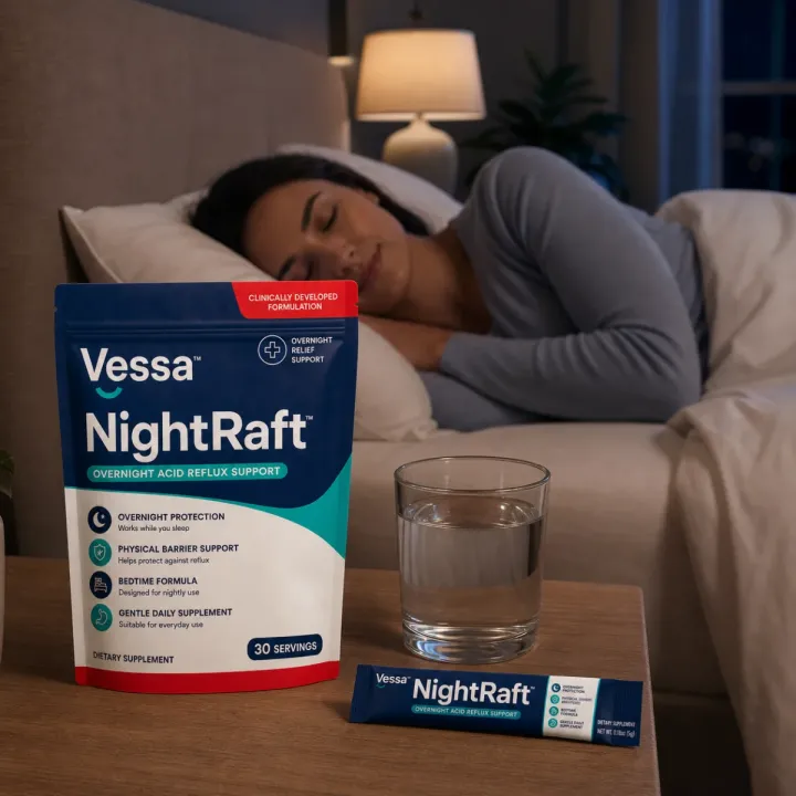 NightRaft pouch, single-serve stick, and water beside a customer resting calmly in bed