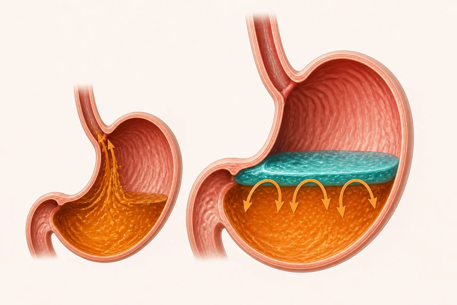 Comparison showing stomach contents rising into the oesophagus without a barrier and being held below a floating alginate raft with NightRaft
