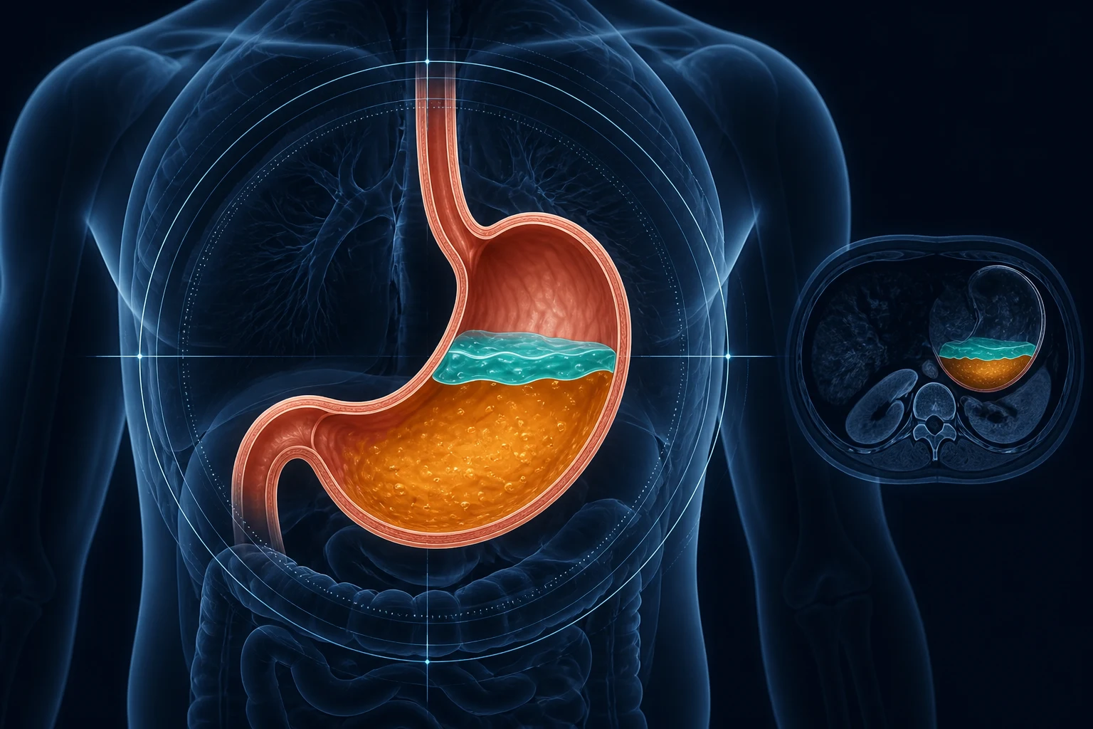Medical-imaging-style illustration showing an alginate raft floating above stomach contents