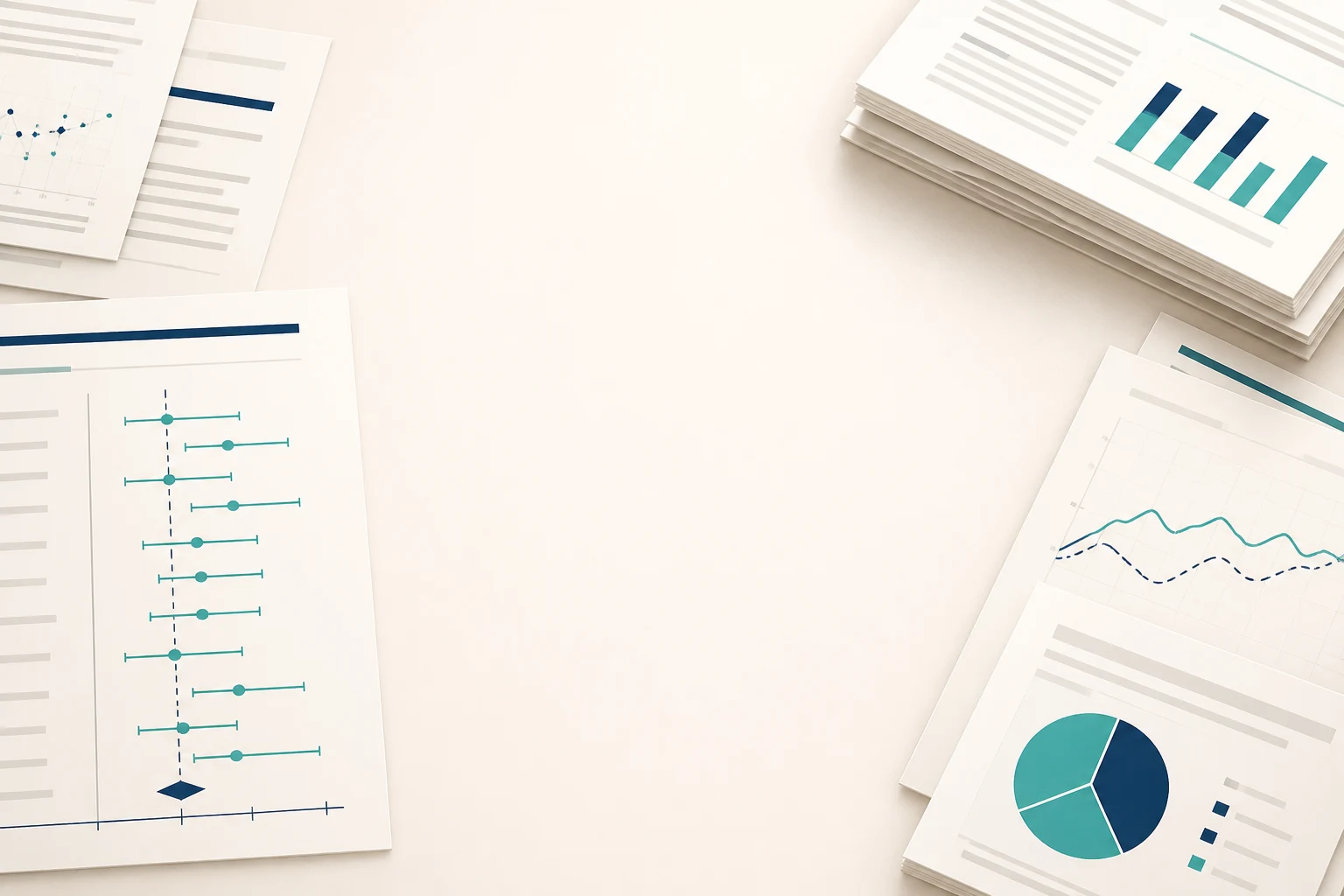 Clinical research papers and a forest plot representing a meta-analysis of randomized trials